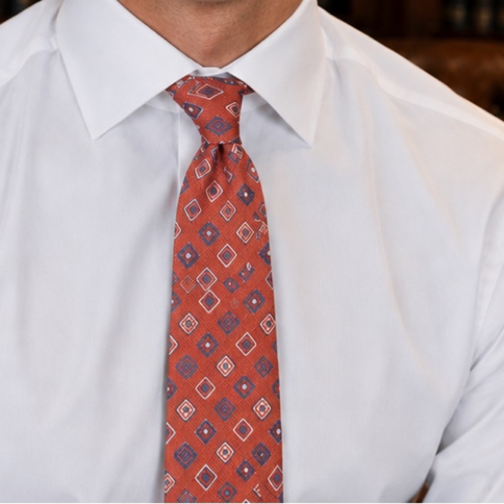 Kiton Textured Silk Salmon Tie with Repeating Geometric Pattern in White & Plum